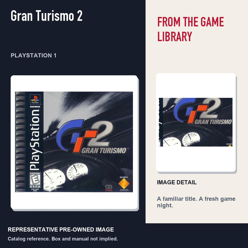 Representative pre-owned Gran Turismo 2 (PlayStation 1), editorial image and detail.
