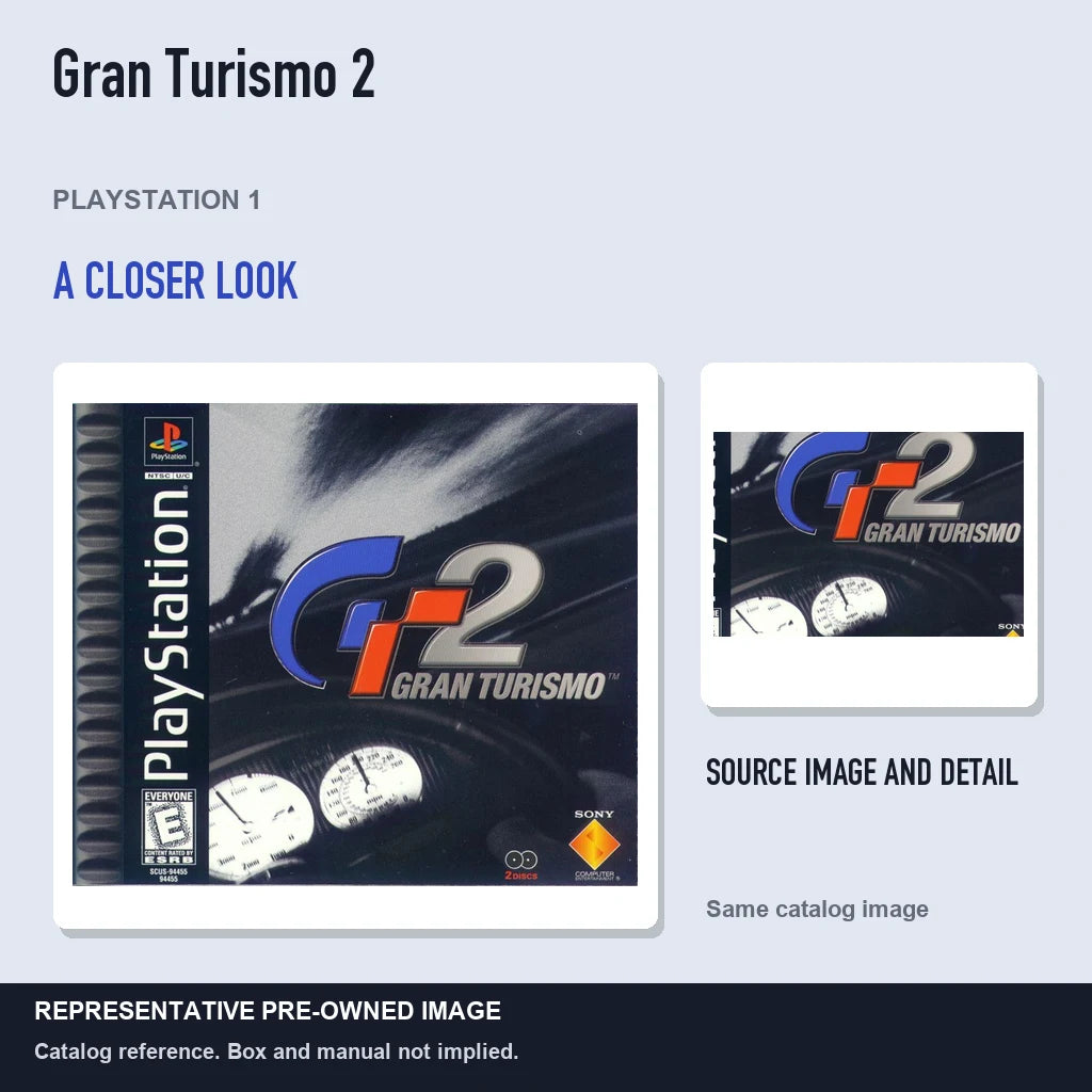 Representative pre-owned Gran Turismo 2 (PlayStation 1), full image with detail inset.
