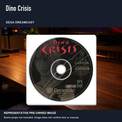Representative pre-owned Dino Crisis (Sega Dreamcast), product image in a styled desk scene.