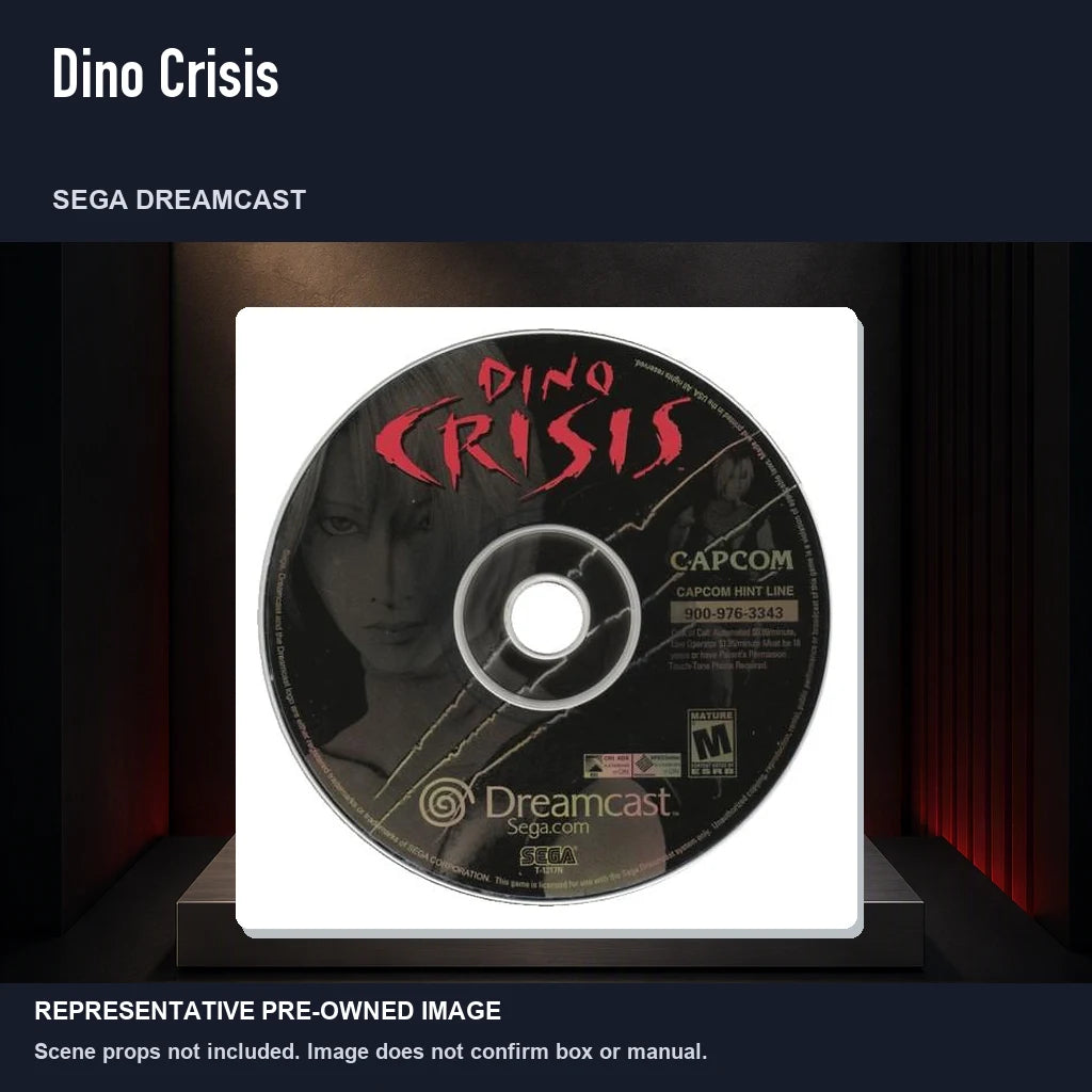 Representative pre-owned Dino Crisis (Sega Dreamcast), product image on a display panel.