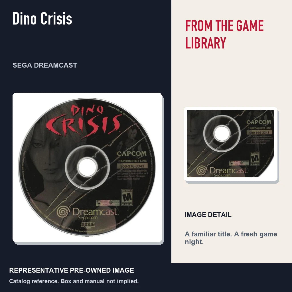 Representative pre-owned Dino Crisis (Sega Dreamcast), editorial image and detail.