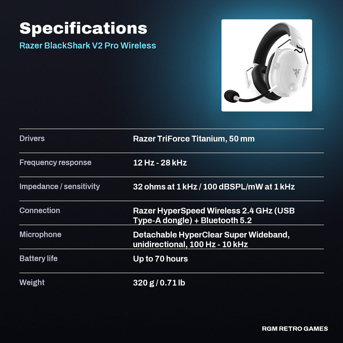 Razer BlackShark V2 Pro Wireless Esports Gaming Headset (2023) - White specifications