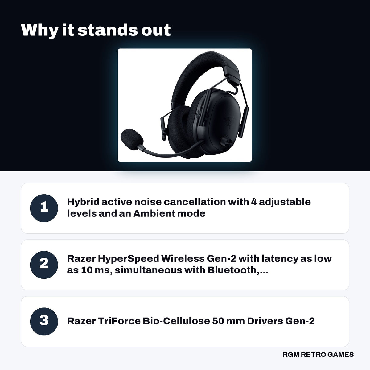 Razer BlackShark V3 Pro Wireless ANC Esports Gaming Headset for PC - Black key features: Hybrid active noise cancellation with 4 adjustable levels and an Ambient mode, Razer HyperSpeed Wireless Gen-2 with latency as low as 10 ms, simultaneous with Bluetooth,..., Razer TriForce Bio-Cellulose 50 mm Drivers Gen-2