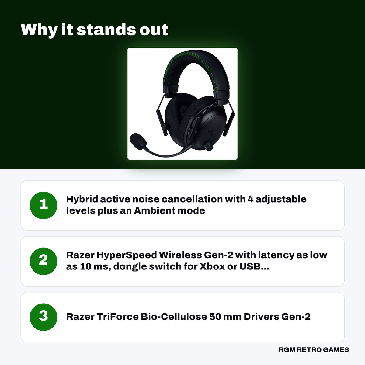 Razer BlackShark V3 Pro Wireless ANC Esports Gaming Headset for Xbox - Black key features: Hybrid active noise cancellation with 4 adjustable levels plus an Ambient mode, Razer HyperSpeed Wireless Gen-2 with latency as low as 10 ms, dongle switch for Xbox or USB..., Razer TriForce Bio-Cellulose 50 mm Drivers Gen-2