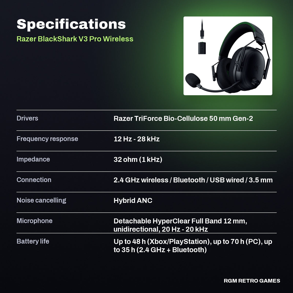 Razer BlackShark V3 Pro Wireless ANC Esports Gaming Headset for Xbox - Black specifications
