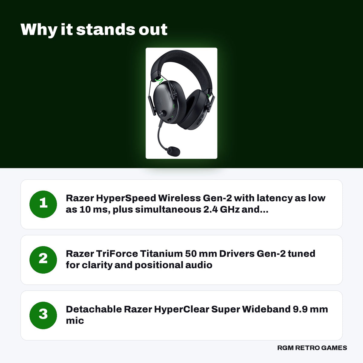Razer BlackShark V3 Wireless Esports Gaming Headset for Xbox - Black key features: Razer HyperSpeed Wireless Gen-2 with latency as low as 10 ms, plus simultaneous 2.4 GHz and..., Razer TriForce Titanium 50 mm Drivers Gen-2 tuned for clarity and positional audio, Detachable Razer HyperClear Super Wideband 9.9 mm mic