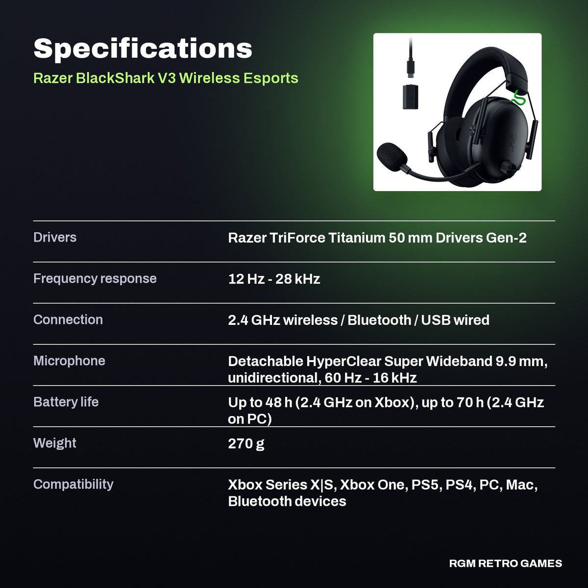 Razer BlackShark V3 Wireless Esports Gaming Headset for Xbox - Black specifications