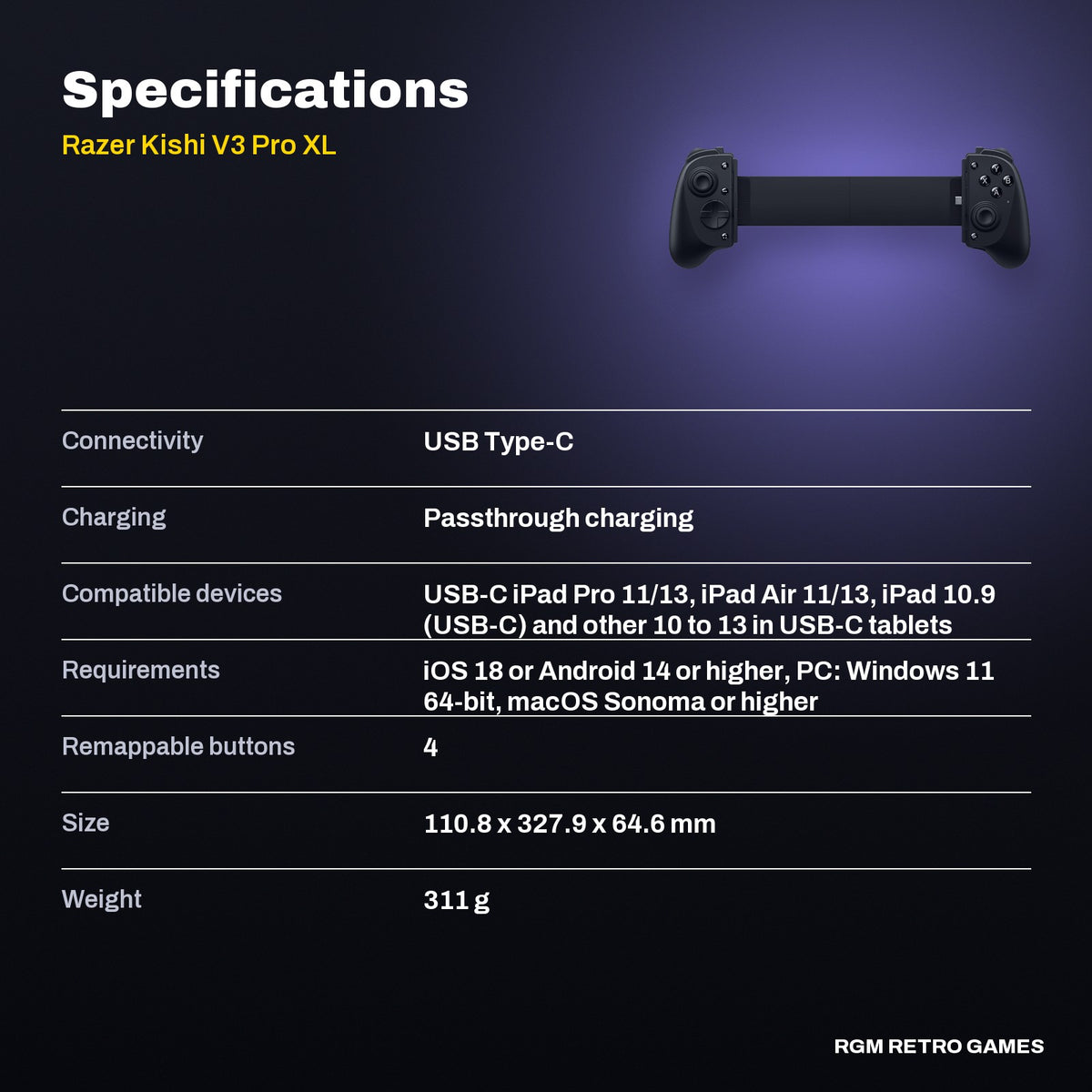 Razer Kishi V3 Pro XL Mobile Gaming Controller specifications