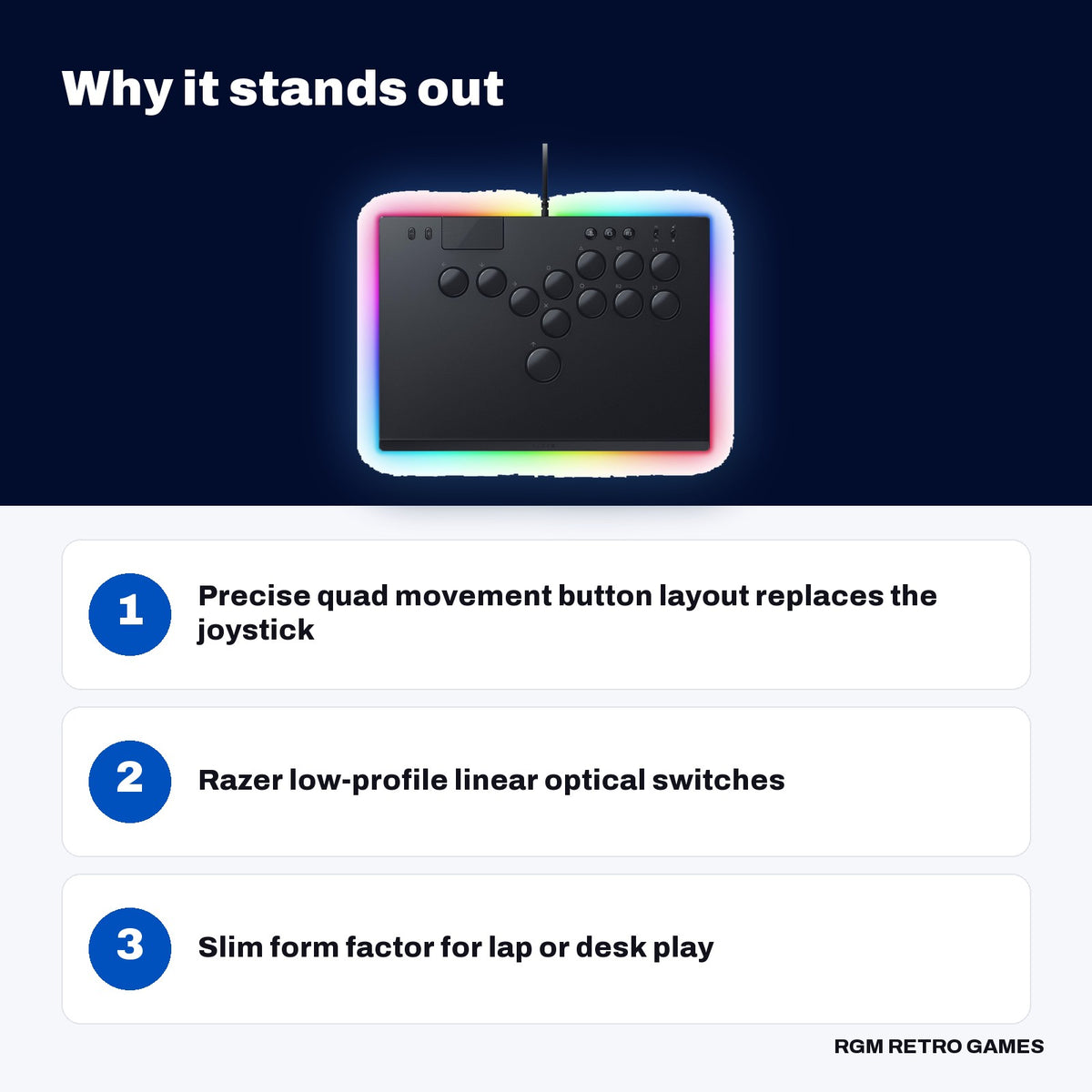 Razer Kitsune All-Button Optical Arcade Controller for PS5 and PC - Black key features: Precise quad movement button layout replaces the joystick, Razer low-profile linear optical switches, Slim form factor for lap or desk play