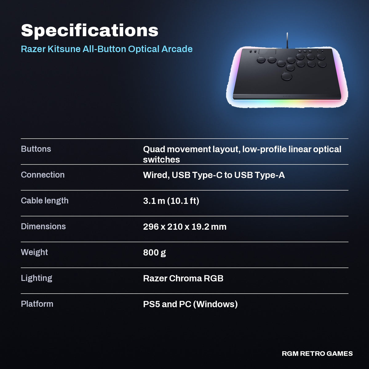 Razer Kitsune All-Button Optical Arcade Controller for PS5 and PC - Black specifications