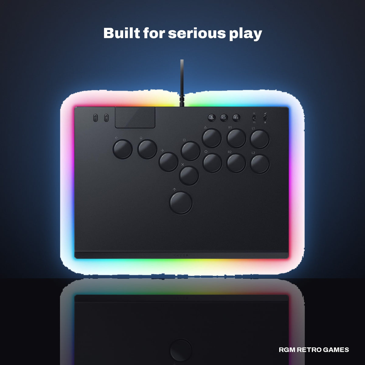 Razer Kitsune All-Button Optical Arcade Controller for PS5 and PC - Black in a dark studio setting