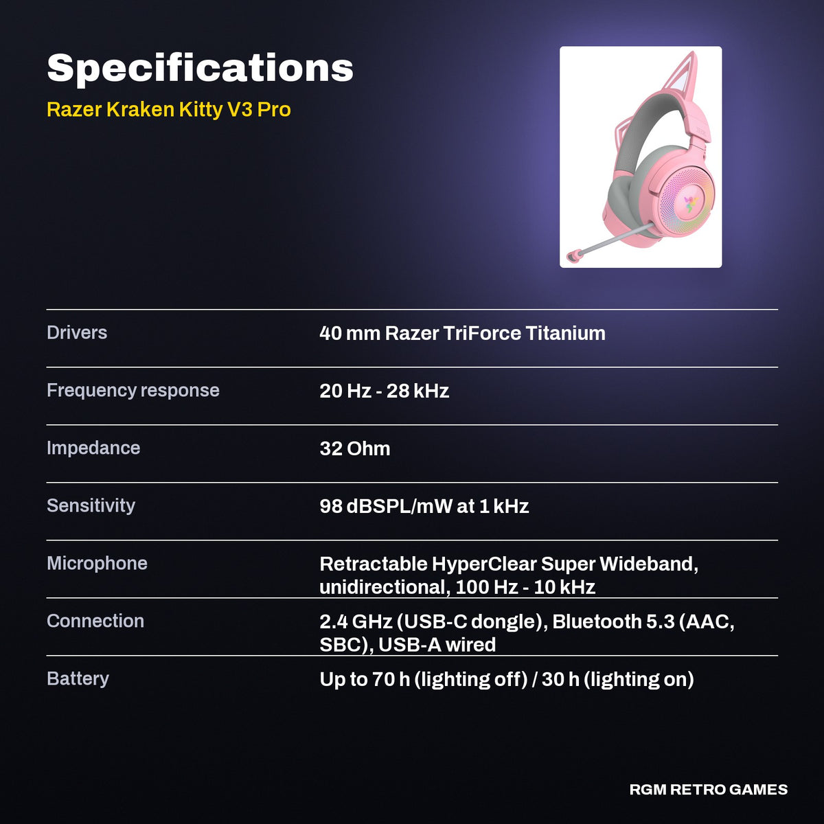 Razer Kraken Kitty V3 Pro Wireless RGB Gaming Headset - Quartz specifications