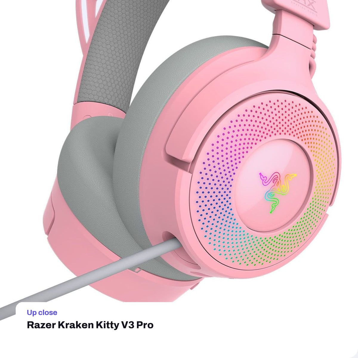 Razer Kraken Kitty V3 Pro Wireless RGB Gaming Headset - Quartz, close-up detail