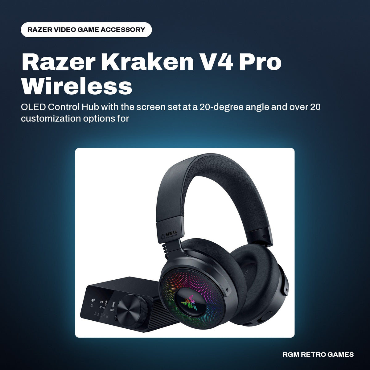 Razer Kraken V4 Pro Wireless Gaming Headset with OLED Control Hub - Black in a Razer color scene