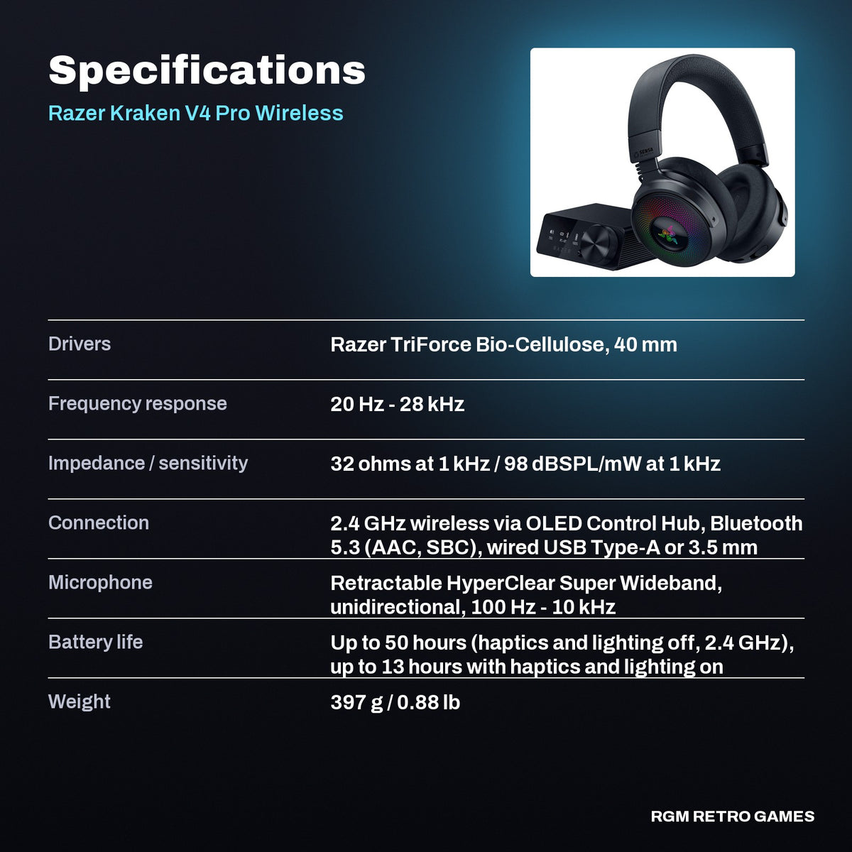 Razer Kraken V4 Pro Wireless Gaming Headset with OLED Control Hub - Black specifications