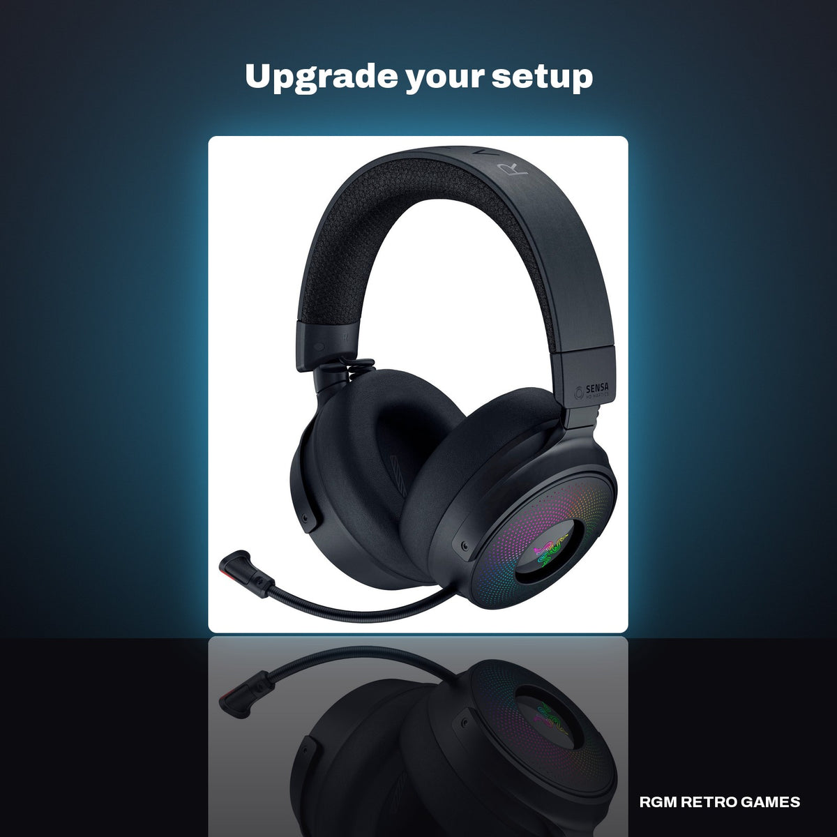 Razer Kraken V4 Pro Wireless Gaming Headset with OLED Control Hub - Black in a dark studio setting