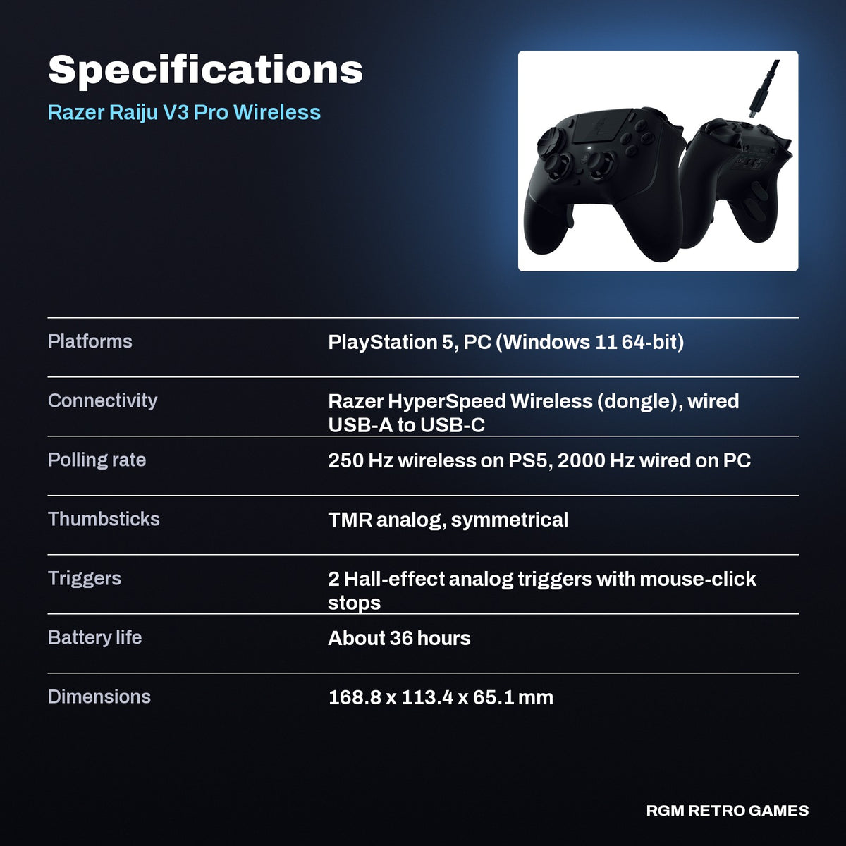 Razer Raiju V3 Pro Wireless Esports Controller for PS5 and PC (Black) specifications