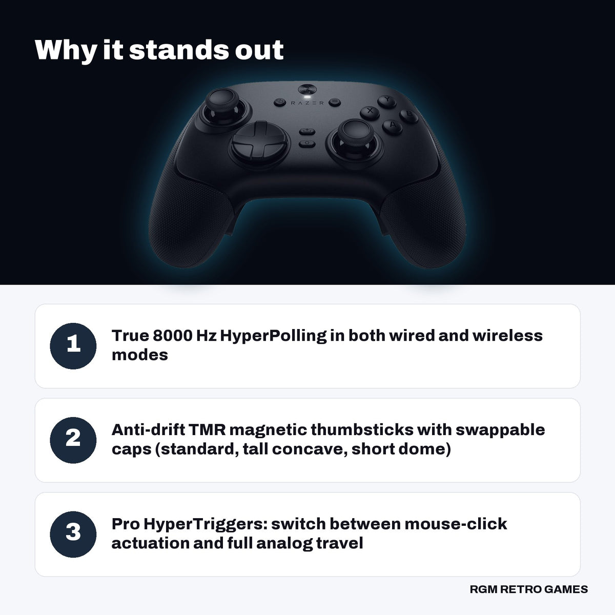 Razer Wolverine V3 Pro 8K PC Wireless Esports Controller - Black key features: True 8000 Hz HyperPolling in both wired and wireless modes, Anti-drift TMR magnetic thumbsticks with swappable caps (standard, tall concave, short dome), Pro HyperTriggers: switch between mouse-click actuation and full analog travel