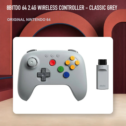 8BitDo 64 2.4G Wireless Controller - Classic Grey in an RGM retro studio display
