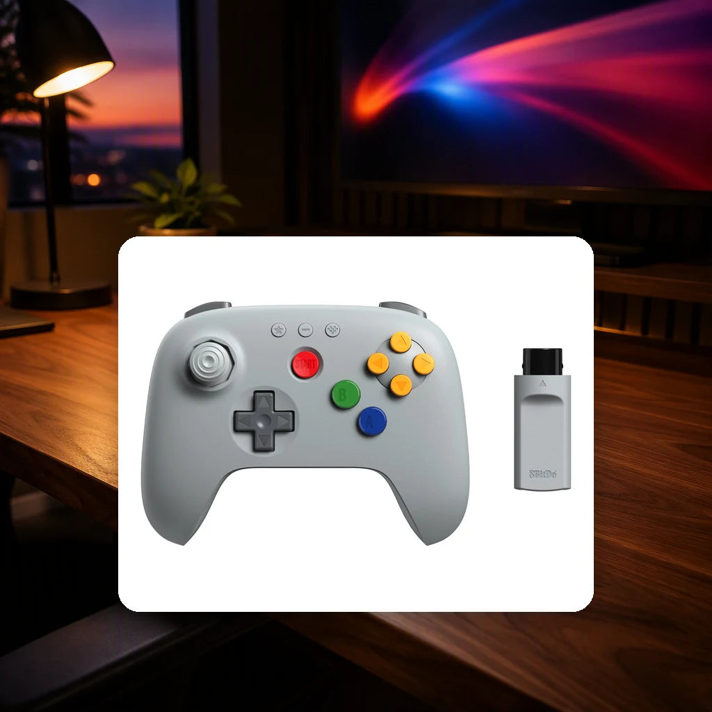 8BitDo 64 2.4G Wireless Controller - Classic Grey shown in a gaming desk setting; scene props not included