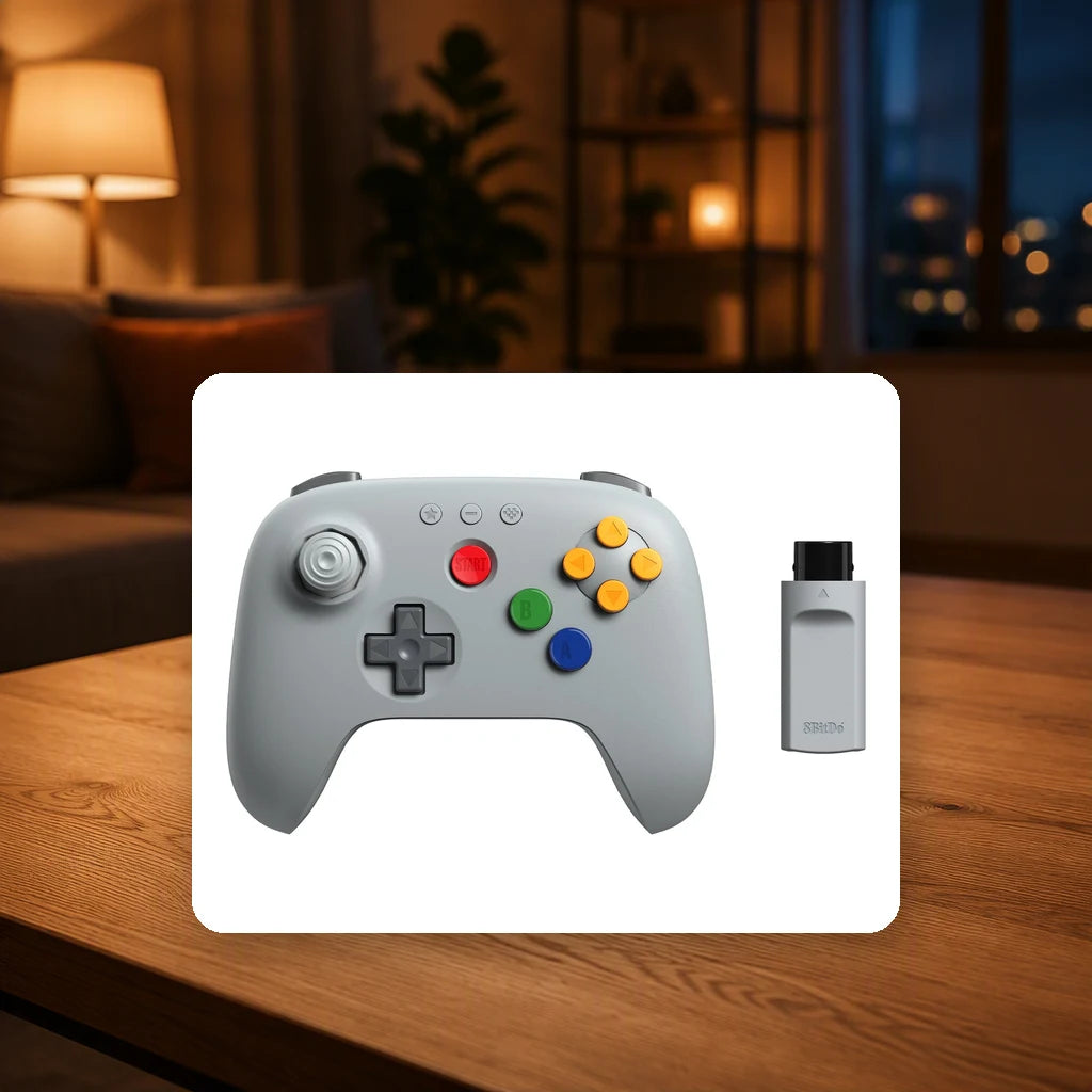 8BitDo 64 2.4G Wireless Controller - Classic Grey shown in a living-room setting; scene props not included