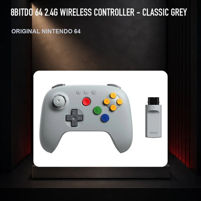 8BitDo 64 2.4G Wireless Controller - Classic Grey on a collector display plinth
