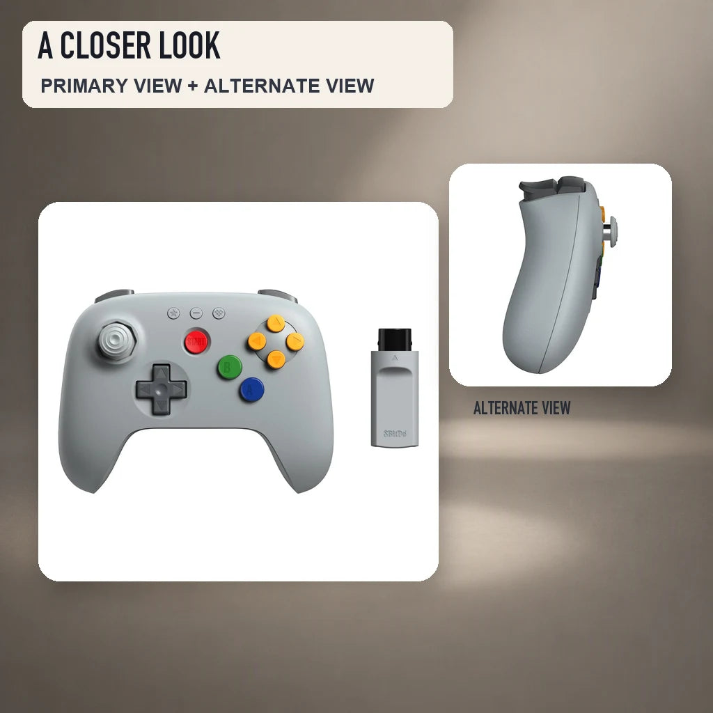 Primary and close detail views of 8BitDo 64 2.4G Wireless Controller - Classic Grey
