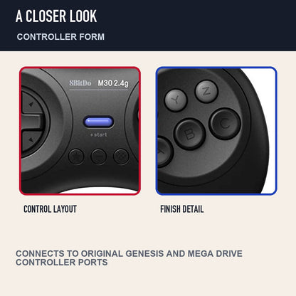 Two close detail views of 8BitDo M30 2.4G Controller for Sega Genesis & Mega Drive
