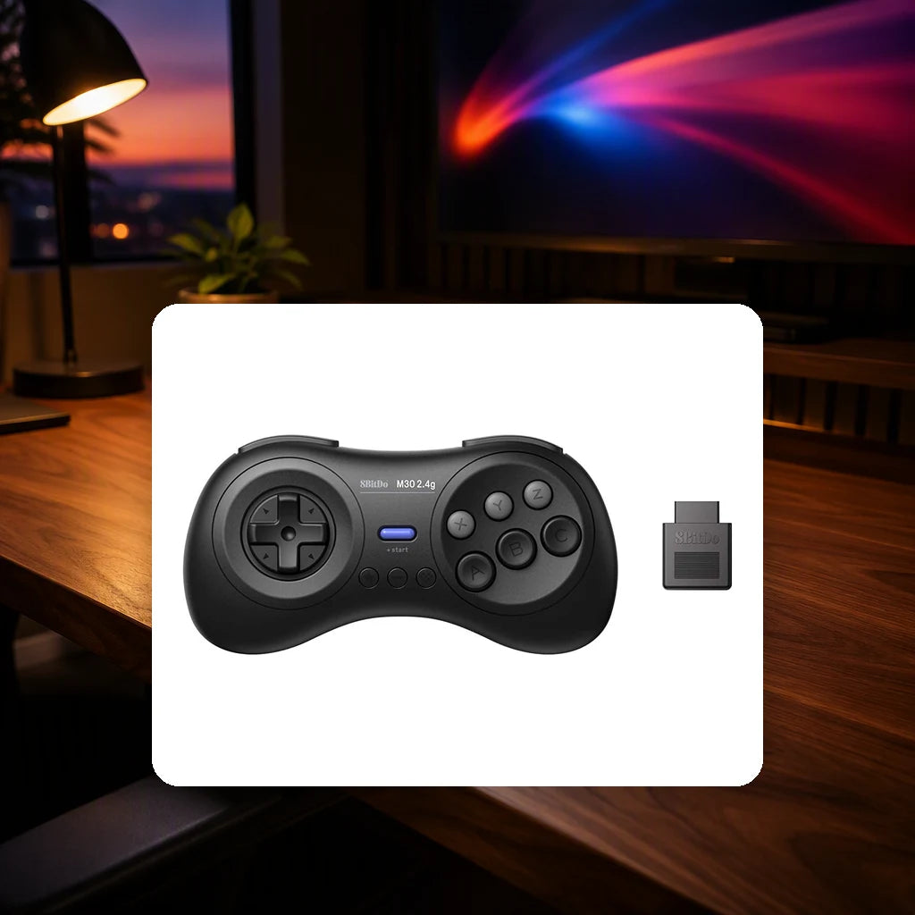 8BitDo M30 2.4G Controller for Sega Genesis & Mega Drive shown in a gaming desk setting; scene props not included