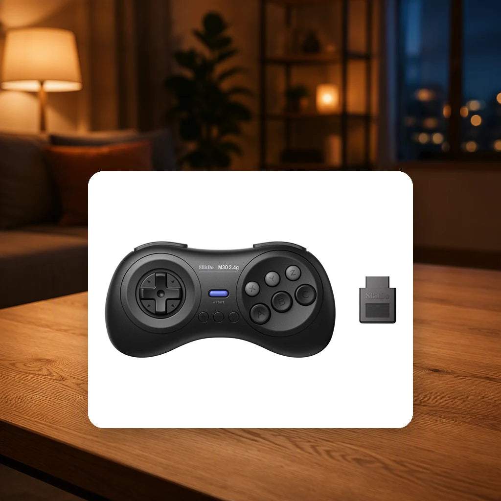 8BitDo M30 2.4G Controller for Sega Genesis & Mega Drive shown in a living-room setting; scene props not included