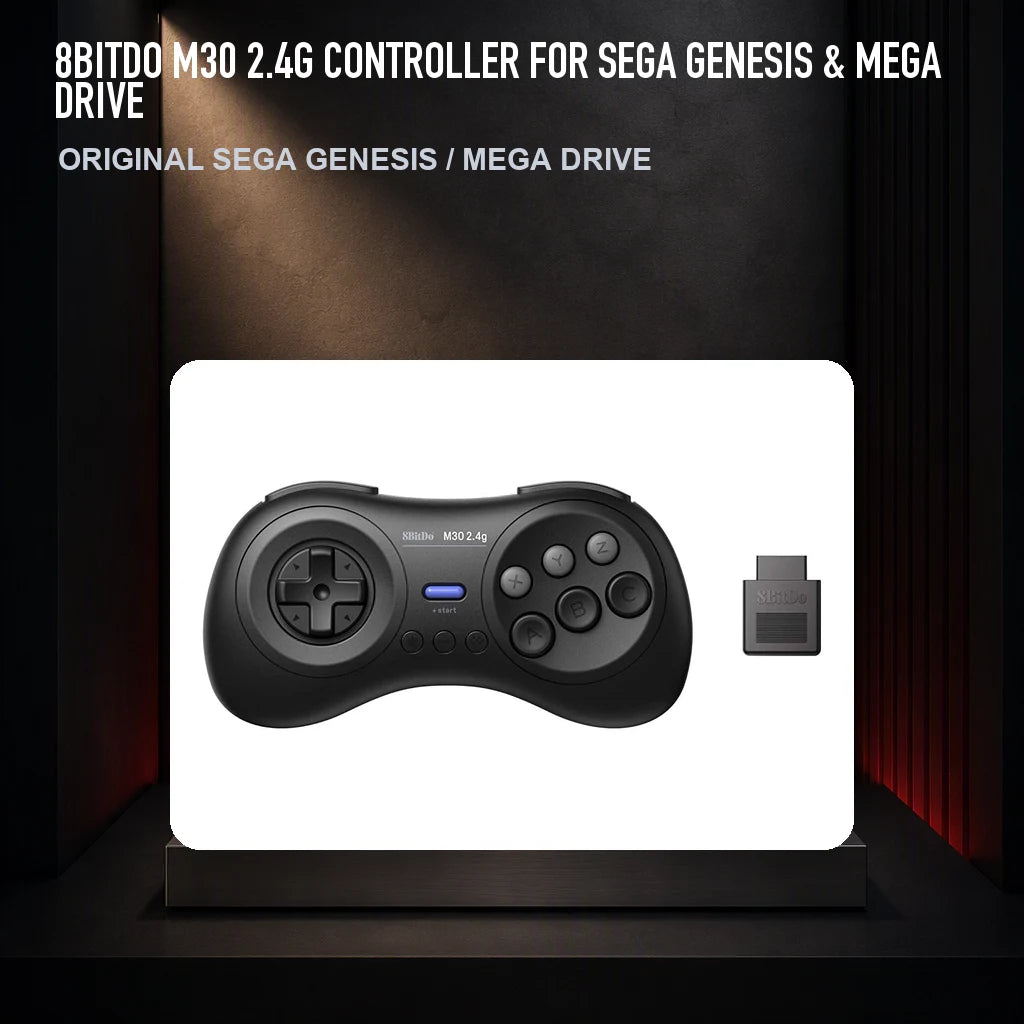 8BitDo M30 2.4G Controller for Sega Genesis & Mega Drive on a collector display plinth