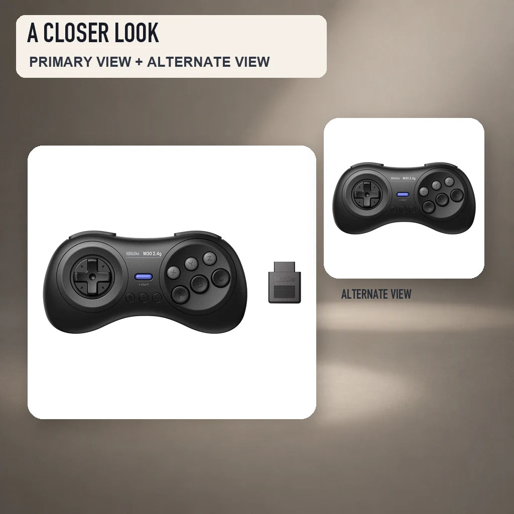 Primary and close detail views of 8BitDo M30 2.4G Controller for Sega Genesis & Mega Drive