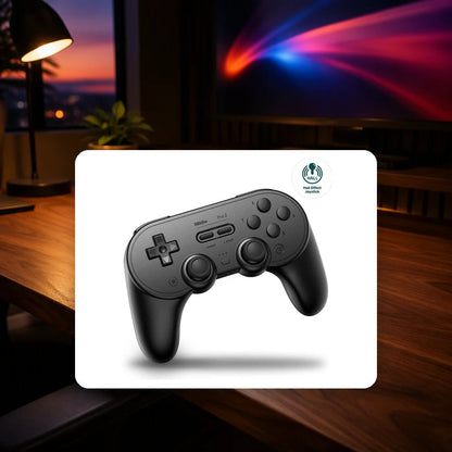 8BitDo Pro 2 (Hall Effect Joystick) shown in a gaming desk setting; scene props not included