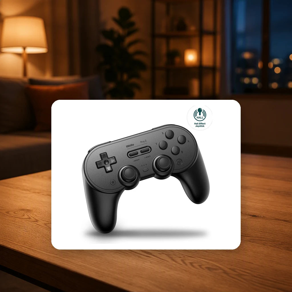 8BitDo Pro 2 (Hall Effect Joystick) shown in a living-room setting; scene props not included