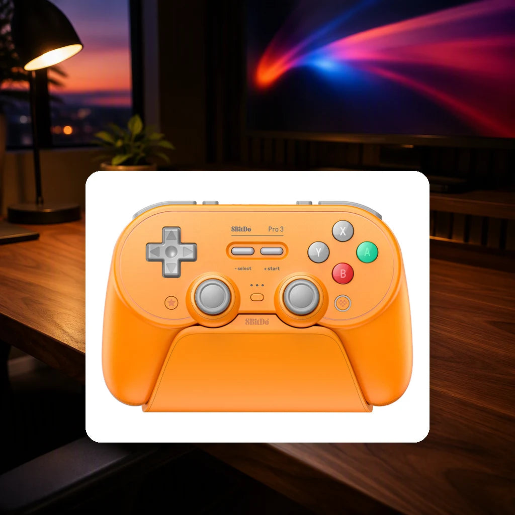8BitDo Pro 3 Bluetooth Gamepad shown in a gaming desk setting; scene props not included