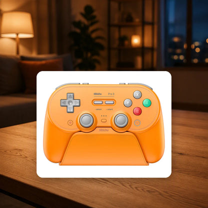 8BitDo Pro 3 Bluetooth Gamepad shown in a living-room setting; scene props not included