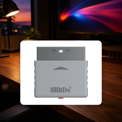 8BitDo Retro Receiver for PS1, PS2 shown in a gaming desk setting; scene props not included