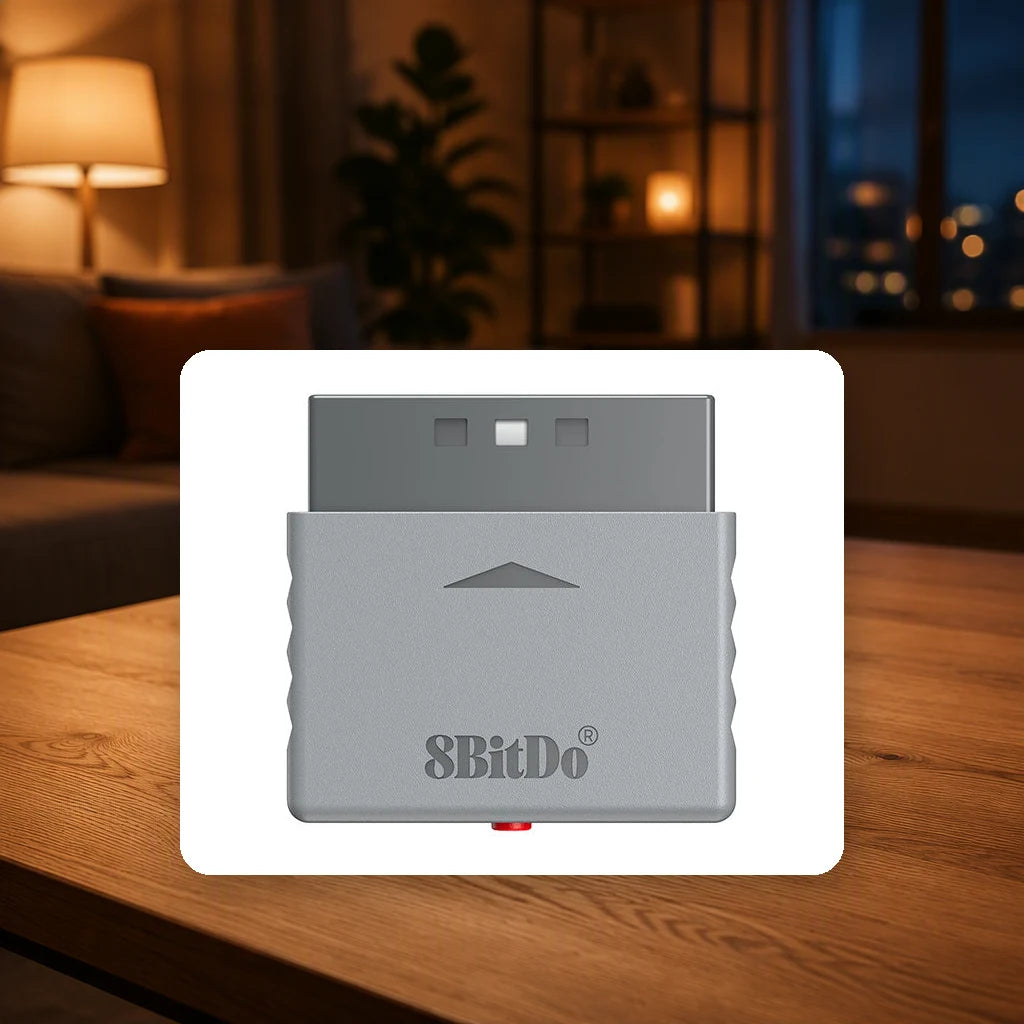 8BitDo Retro Receiver for PS1, PS2 shown in a living-room setting; scene props not included