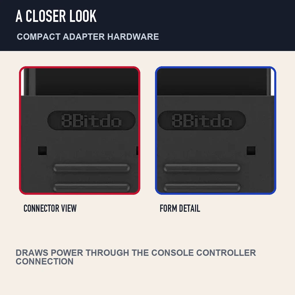 Two close detail views of 8BitDo Retro Receiver for SNES / SFC