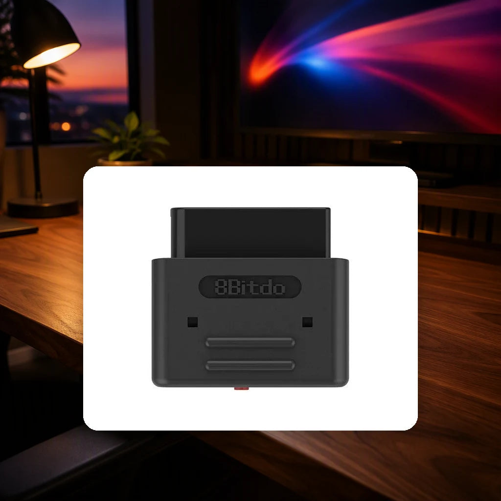 8BitDo Retro Receiver for SNES / SFC shown in a gaming desk setting; scene props not included