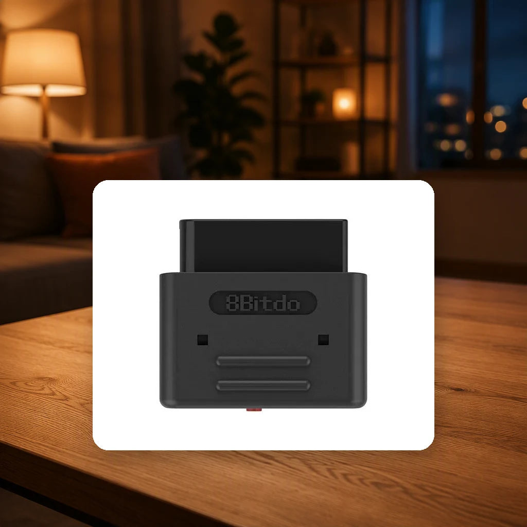 8BitDo Retro Receiver for SNES / SFC shown in a living-room setting; scene props not included