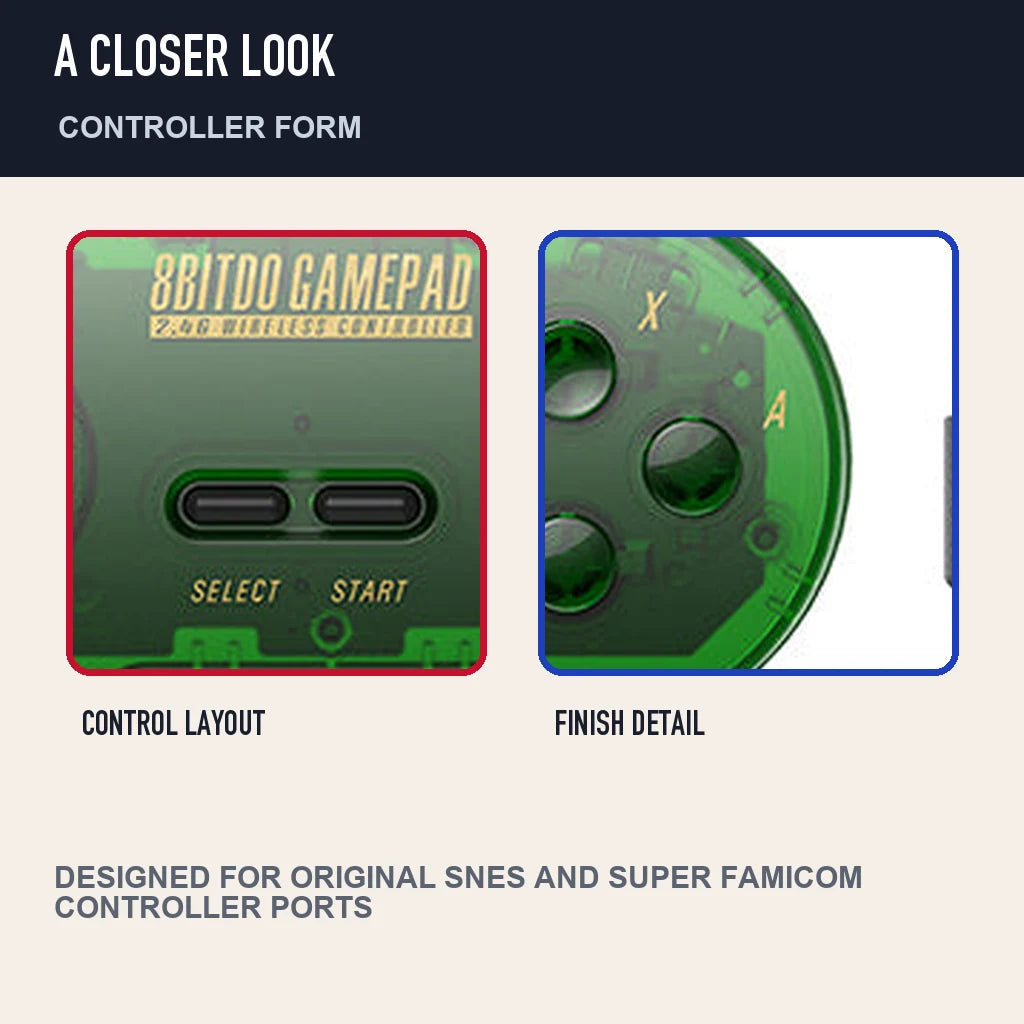 Two close detail views of 8BitDo SN30 2.4G