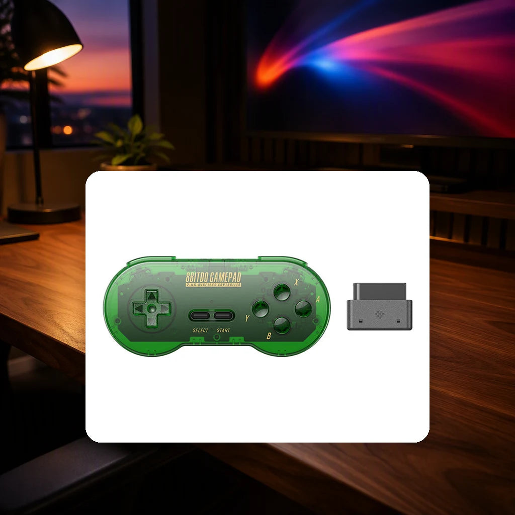 8BitDo SN30 2.4G shown in a gaming desk setting; scene props not included