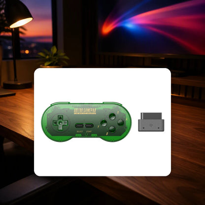 8BitDo SN30 2.4G shown in a gaming desk setting; scene props not included