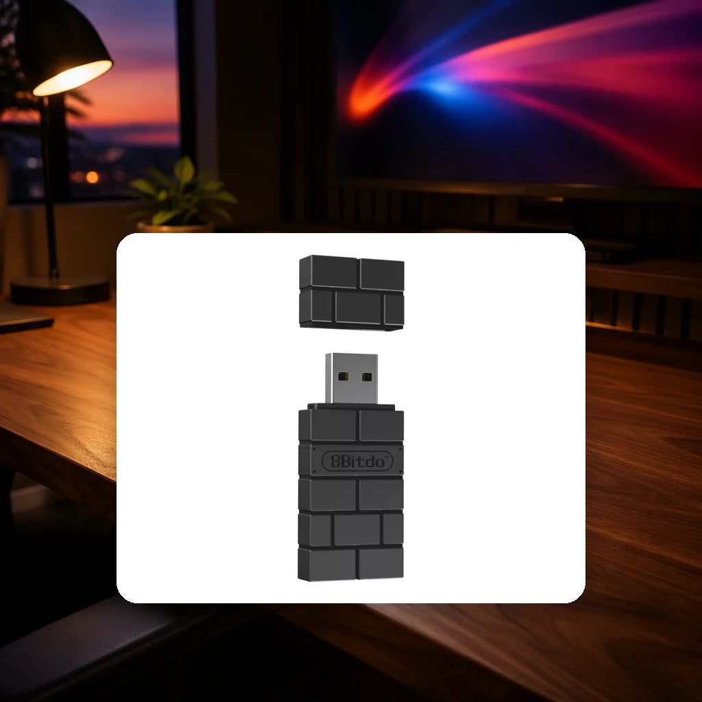 8BitDo Wireless Bluetooth USB Adapter 2 shown in a gaming desk setting; scene props not included