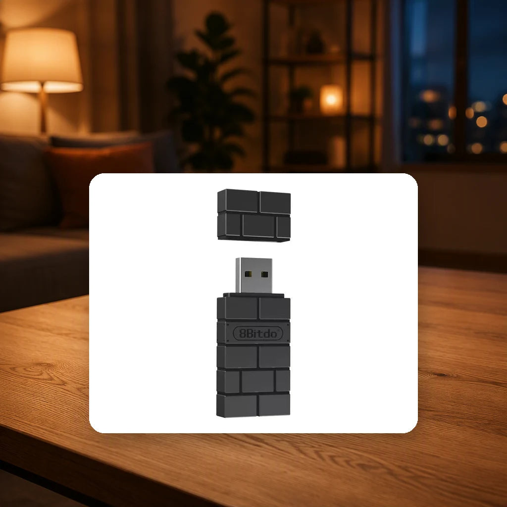 8BitDo Wireless Bluetooth USB Adapter 2 shown in a living-room setting; scene props not included
