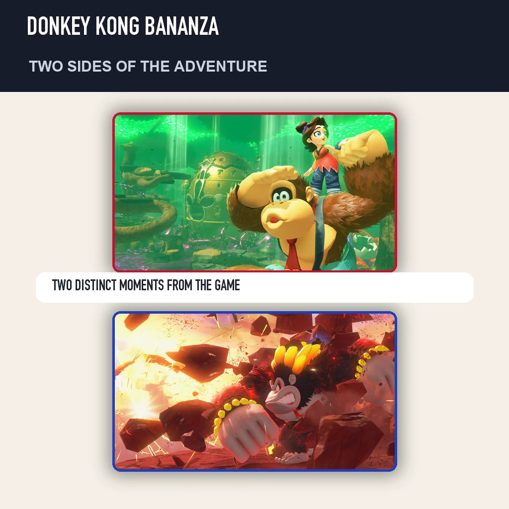 Two scenes from Donkey Kong Bananza showing distinct moments from the game