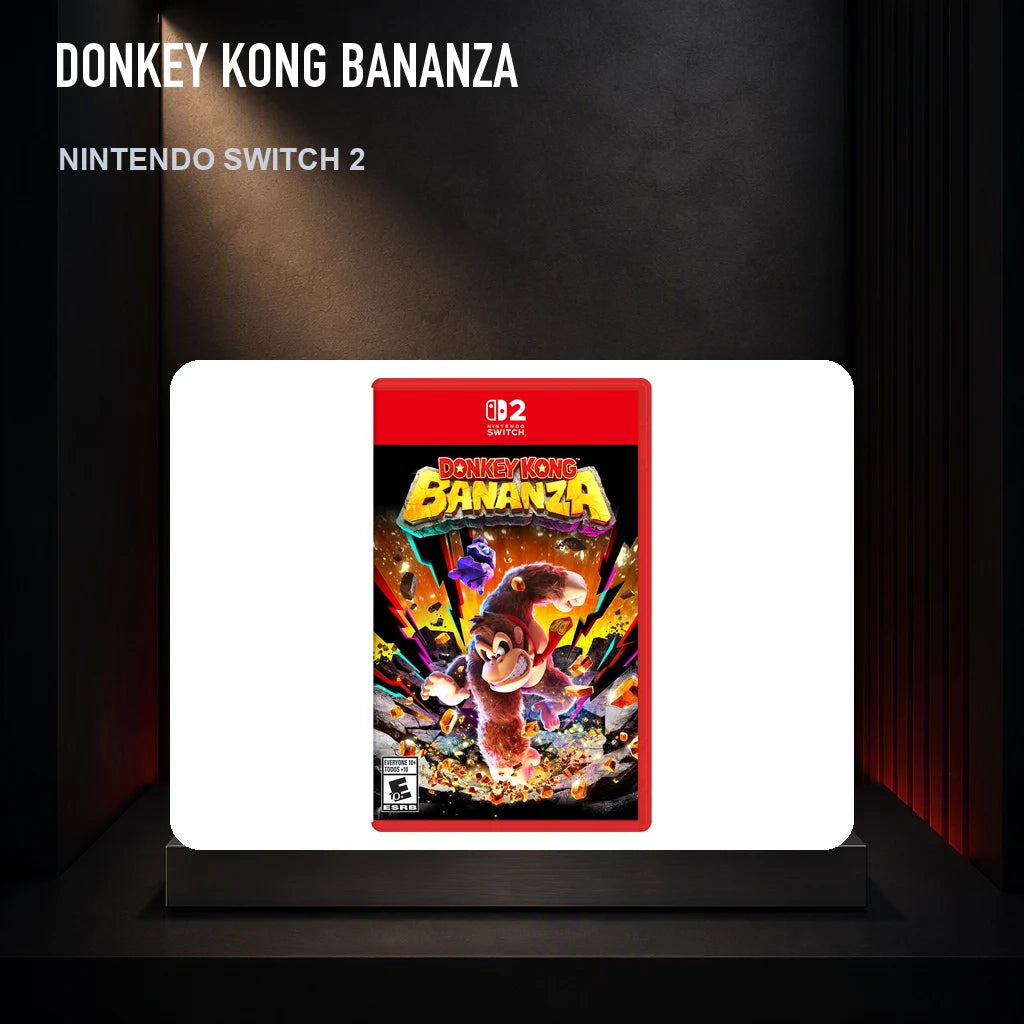 Donkey Kong Bananza physical game cover on a collector display plinth