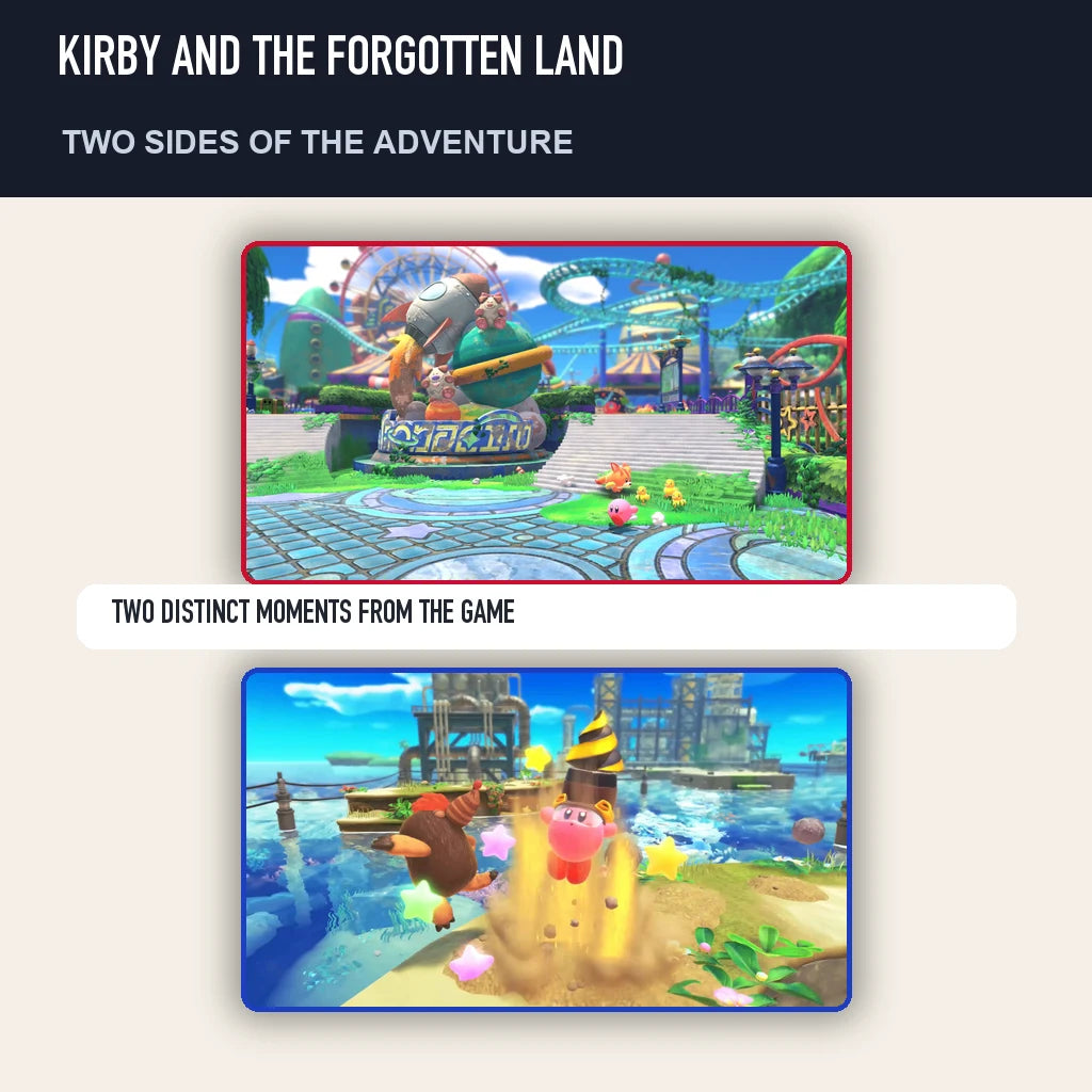 Two scenes from Kirby and the Forgotten Land showing distinct moments from the game