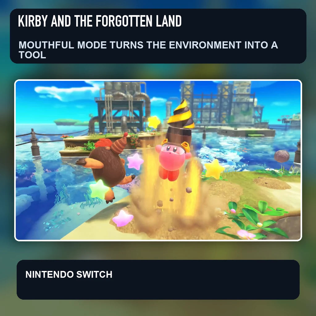 Kirby and the Forgotten Land scene illustrating mouthful mode turns the environment into a tool